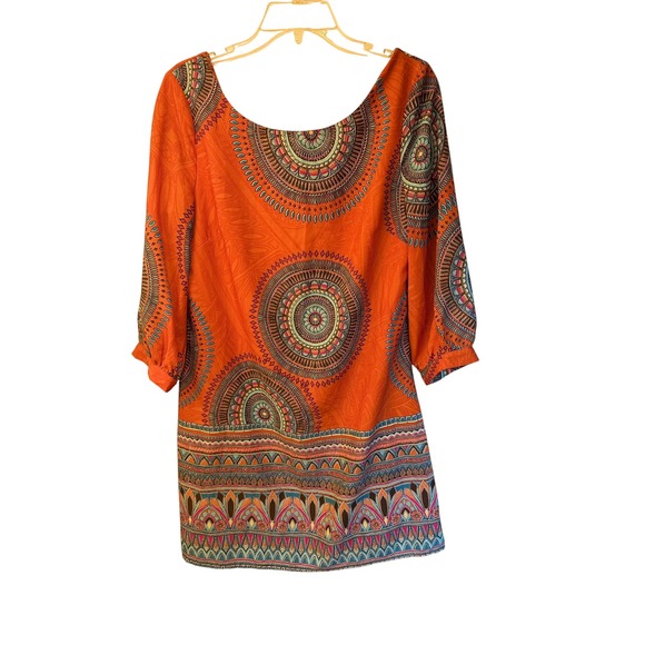Pink Owl Dresses & Skirts - Pink Owl Orange Boho Medallion Print 3/4 Sleeve Mini Shift Dress Womens Medium